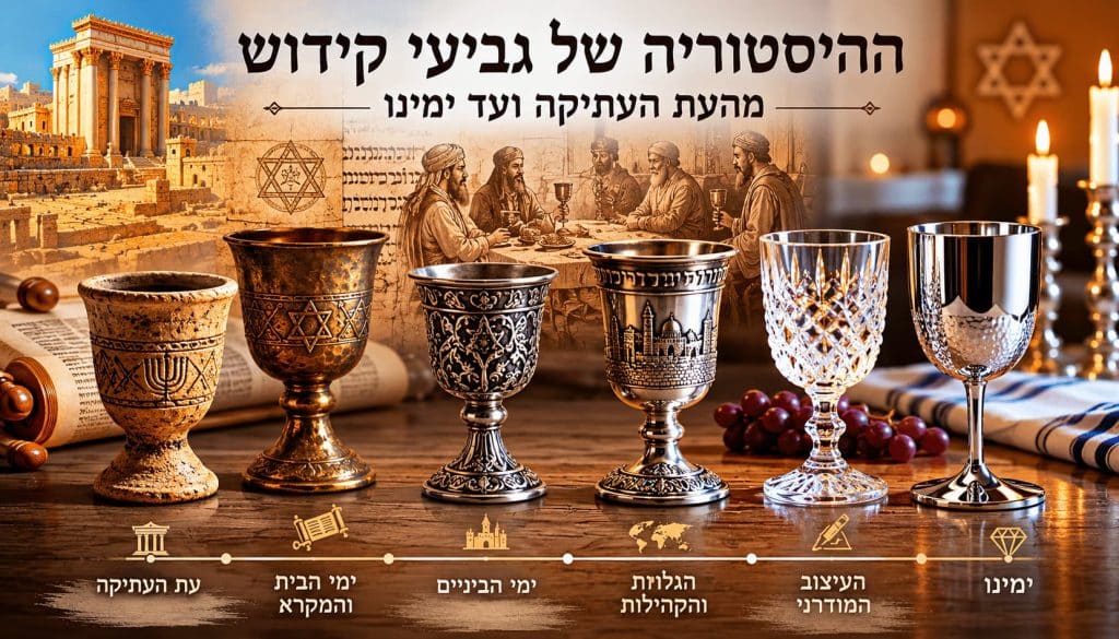 גלו את ההיסטוריה המרתקת של גביעי קידוש מהעת העתיקה ועד ימינו, כולל השפעות תרבותיות, עיצובים מסורתיים ומודרניים והמשמעות היהודית שלהם.