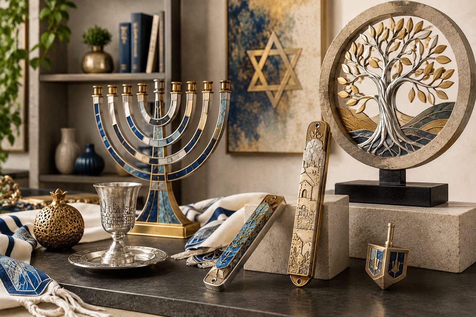 גלו איך אומנות יודאיקה משלבת בין מסורת יהודית עתיקה ליצירה מודרנית עם חנוכיות, מזוזות, גביעי קידוש ופריטי עיצוב ייחודיים לבית.